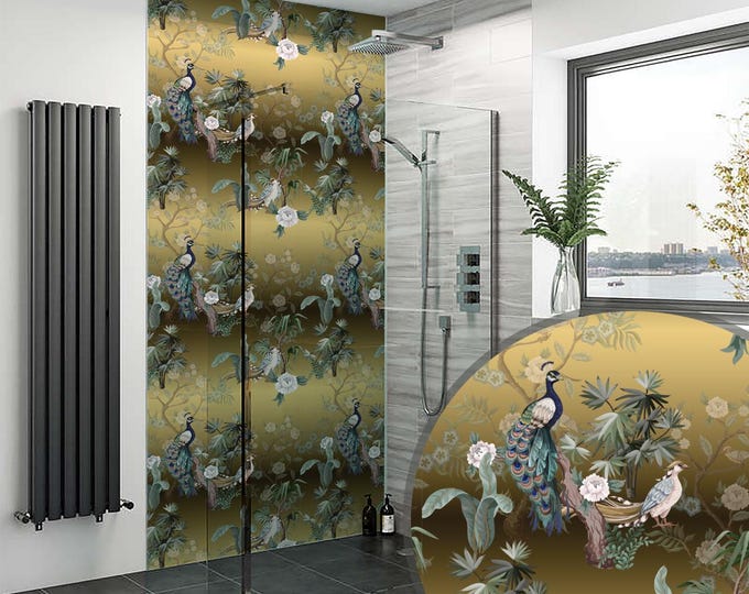 Golden Birds Waterproof Shower Panel, Grout-Free Bathroom Wall Cladding