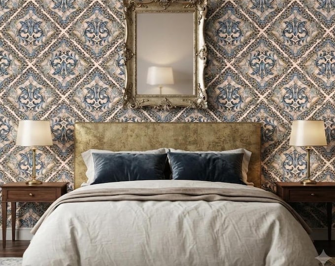 Baroque Leopard Wallpaper, Luxury Blue & Beige Damask Wallpaper, Maximalist Vintage Wall Decor