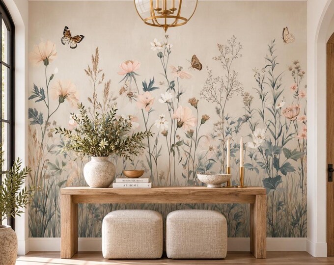 Neutral Wildflower Wallpaper Mural | Beige Botanical Wall Mural | Butterfly Floral Wallpaper