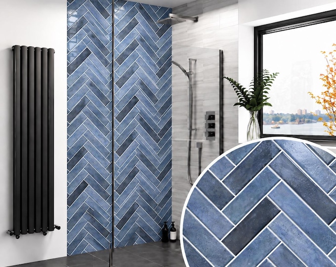 Ceramic Blue Herringbone Shower Panel – Navy Tile Effect, Waterproof, Grout-Free Bathroom Cladding