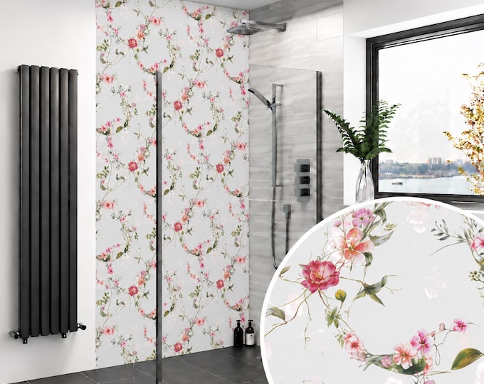 Botanical Watercolour Grey Shower Panel, Floral Wall Mural, Waterproof Floral Bathroom Decor