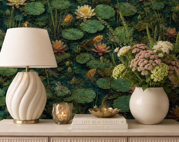 Botanical Lily Pond Wallpaper, Golden Koi Fish, Dragonflies, Lush Floral Mural
