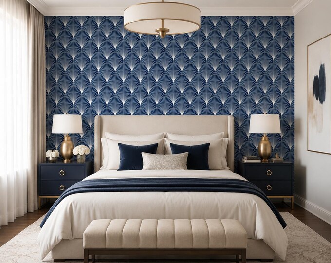 Art Deco Dark Blue Fans Blank Luxury Interiors and Vintage Wallpaper