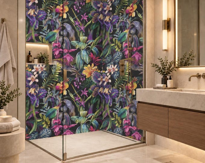 Midnight Botanical Floral Shower Wall Panel 48" x 96", Waterproof Bathroom Cladding, Modern Tile Alternative