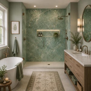 May include: A luxurious bathroom with a freestanding white bathtub, a marble-topped vanity, and a walk-in shower with green marble-look tile. The room features gold fixtures, a framed botanical print, and a patterned rug, creating a spa-like atmosphere.