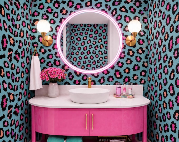 Neon Pink Leopard Animal Print Luxury Wall Mural, Custom Art Deco Wallpaper