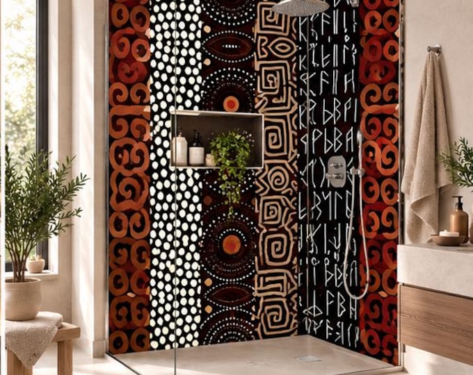 African Tribal Stripe Shower Wall Panel – Brown Black & Cream Ethnic Pattern Waterproof Bathroom Panel