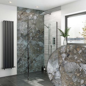 May include: A modern bathroom with a large window overlooking a cityscape. The shower features a glass enclosure and a marble-patterned wall. A dark gray radiator is mounted on the wall, and the floor is tiled in dark gray squares. A shower head and faucet are visible.
