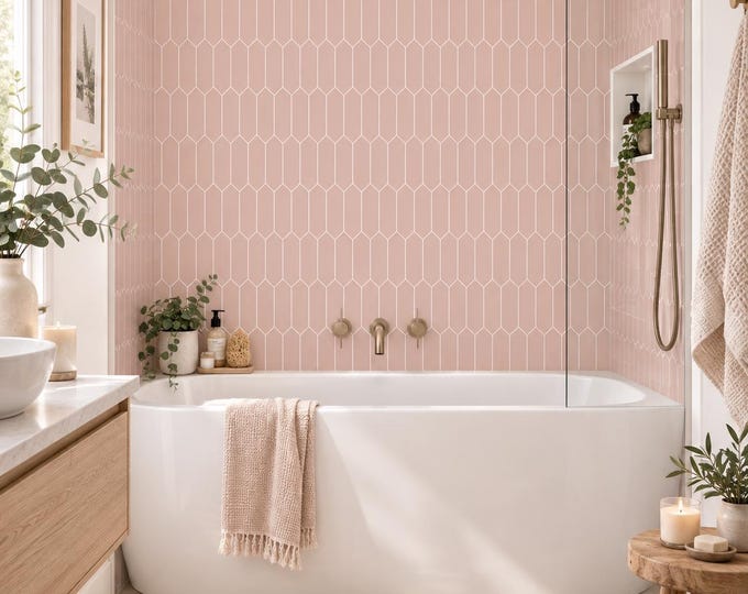 Elongated Hexagon Blossom Pink Shower Panel 48" x 96", Waterproof Bathroom Cladding, Modern Tile Alternative