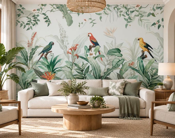 Tropical Parrot Wallpaper Mural | Botanical Jungle Wall Mural | Exotic Bird Wallpaper