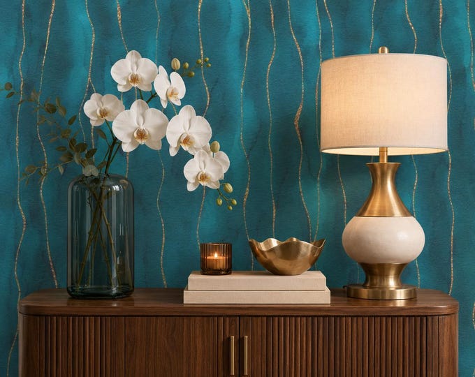 Turquoise Gold Kintsugi Wallpaper, Teal Abstract Marble Wall Mural