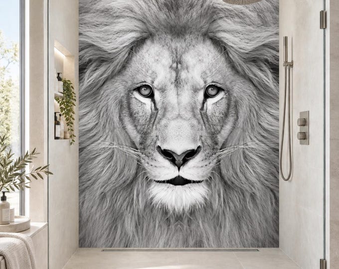 Black and White Lion Shower Wall Panel, Waterproof Animal Bathroom Wall Cladding