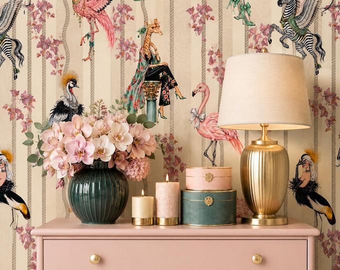 Magical Animals Whimsical Striped Cream Wallpaper, Exotic Animals Wall Mural with Zebra, Flamingo, Giraffe, Fantasy Botanical Mural