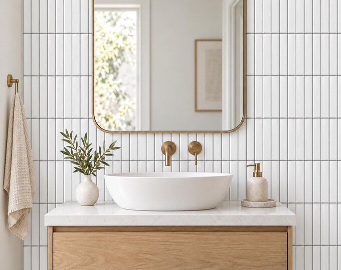 Ivory Linear Tile Wallpaper, Vertical Subway Effect, Modern Minimalist Wall Decor