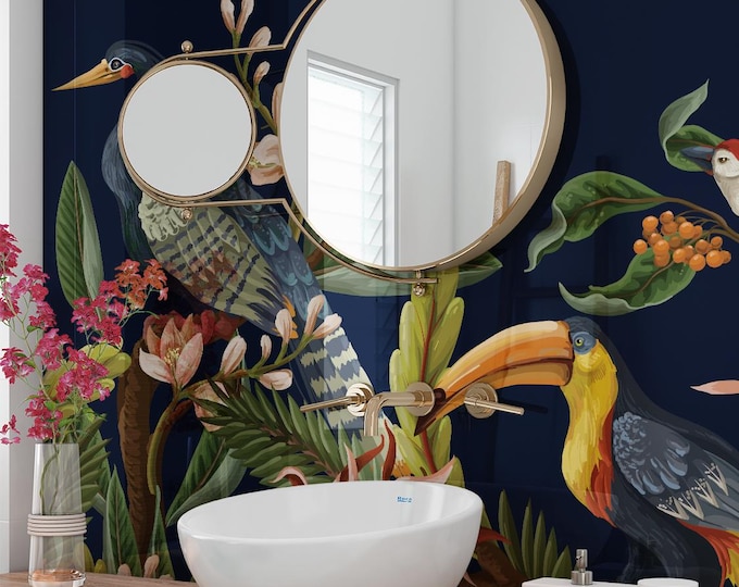Tropical Birds Shower Wall Panel, Custom Size Waterproof Bathroom Cladding, Grout-Free Tile Alternative