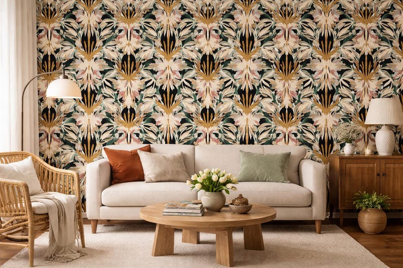 Art Deco Botanical Wallpaper, Blush Pink Gold Floral Mural, Luxury