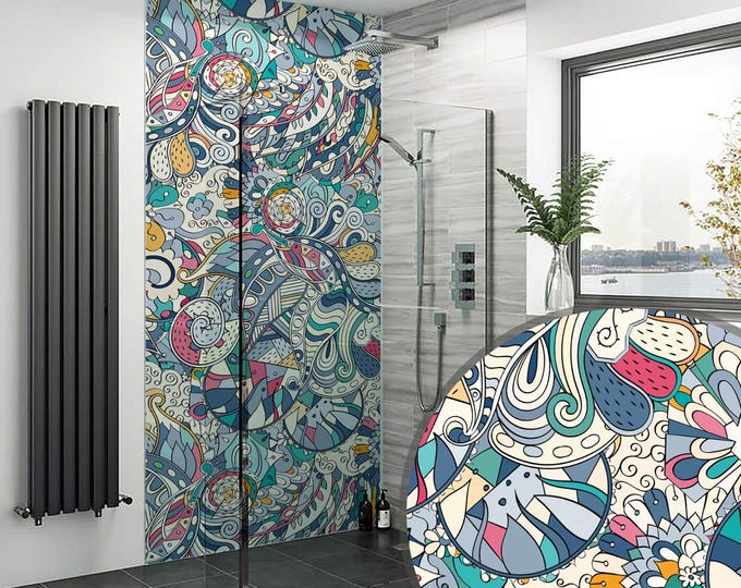 Doodle Pastel Shower Wall Panel, Custom Size Waterproof Bathroom Cladding, Grout-Free Tile Alternative