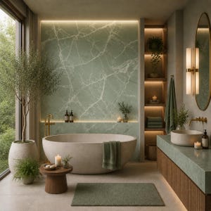 May include: A serene bathroom with a large oval bathtub, green marble wall, and wooden accents. The room features a large window, a small wooden side table, and a green bath mat. The decor includes candles, plants, and a gold-framed mirror.