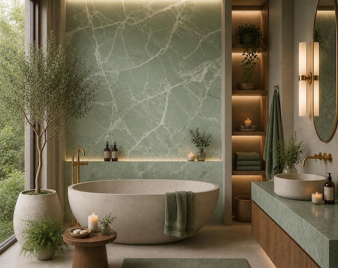 Soft Sage Marble Tile Shower Panel up to 48" x 96" size, Waterproof Bathroom Cladding, Modern Tile Alternative