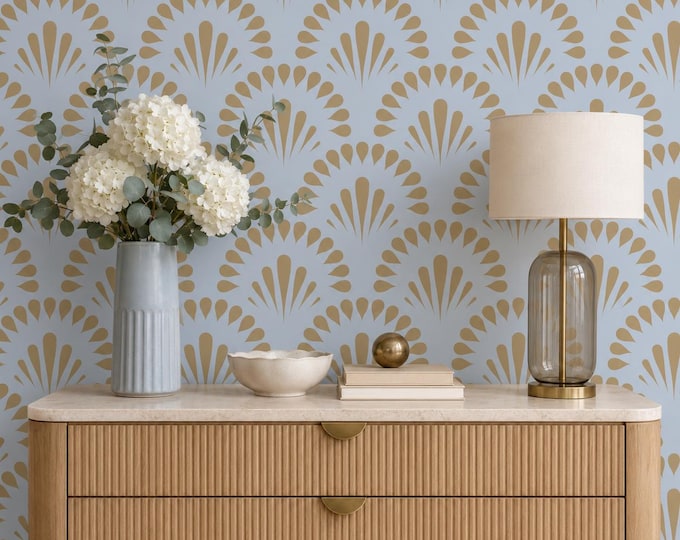 Art Deco Fan Geometric Wallpaper Mural, Gold Light Blue Peel and Stick