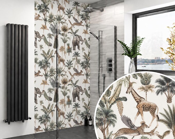 Enchanted Savannah Shower Panel, Wildlife Wall Mural, Waterproof Safari Bathroom Decor