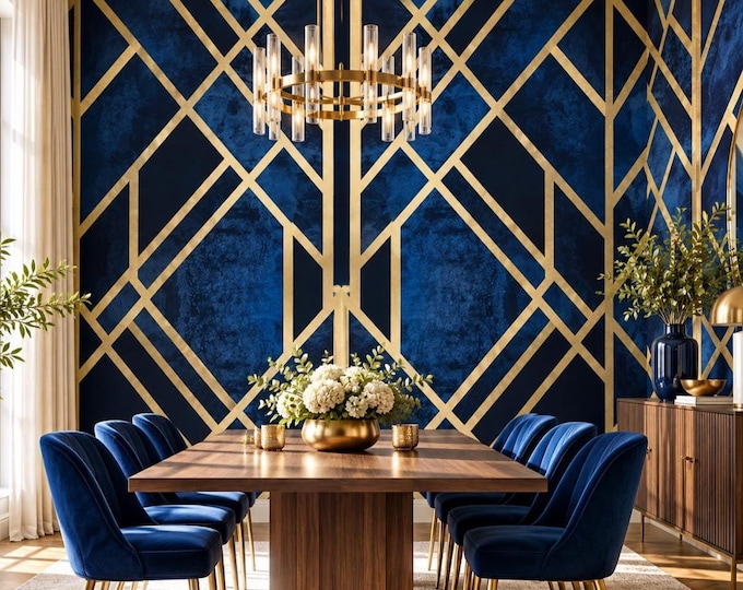 Navy Blue & Gold Art Deco Wallpaper | Geometric Wall Mural | Luxury Gatsby Wallpaper