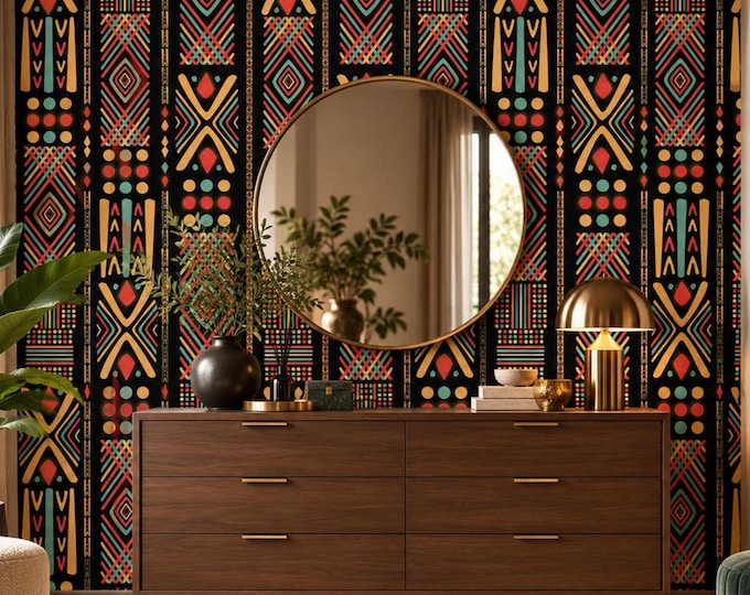 African Tribal Wallpaper | Black Geometric Wall Mural | Colourful Ethnic Pattern Wallpaper | Afro Boho Statement Feature Wall