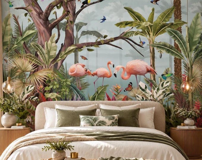 Flamingo Jungle Wallpaper Mural | Tropical Botanical Wall Mural | Exotic Bird Wallpaper