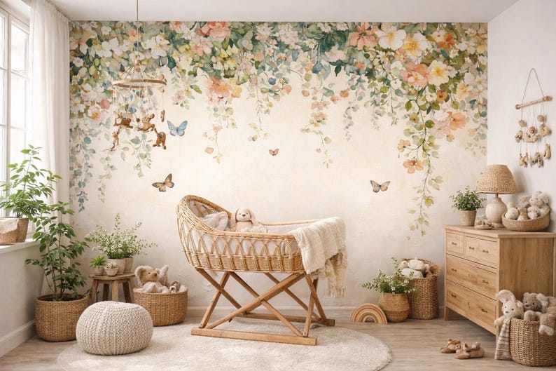 Butterfly Floral Wall Mural, Soft Nursery Wallpaper, Watercolor Flower ...