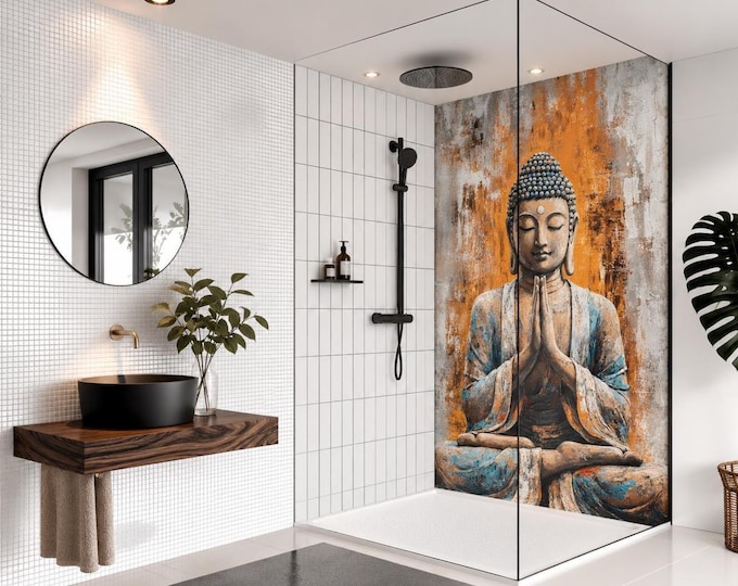 Meditating Buddha Shower Panel – Abstract Orange & Teal Zen Bathroom Wall Panel – Spiritual Waterproof Shower Splashback