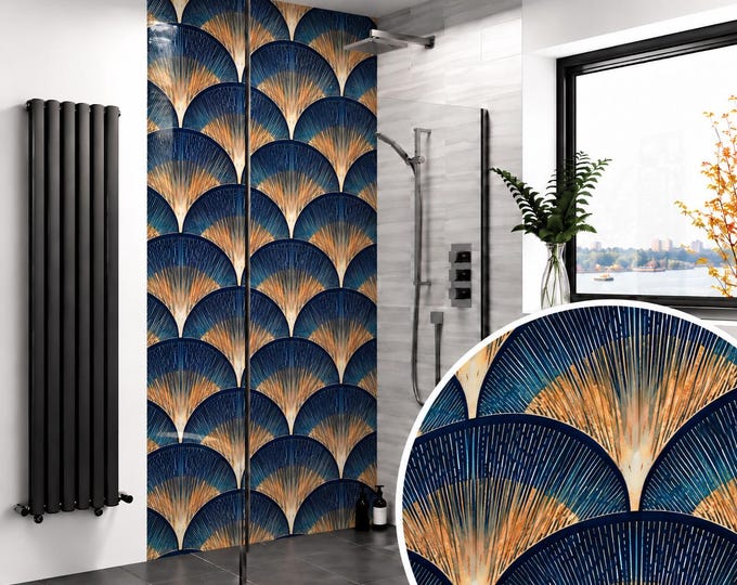 Midnight Art Deco Fan Shower Wall Panel – Navy Blue & Gold Geometric Waterproof Bathroom Panel