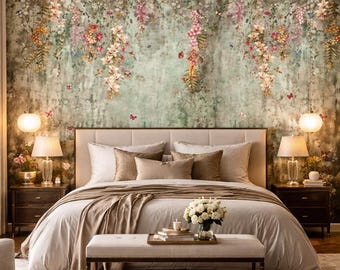 May include: A bedroom with a floral mural headboard. The bed has a beige comforter and pillows, with a bench at the foot. Two nightstands with lamps flank the bed. A bouquet of white flowers sits on the bench.
