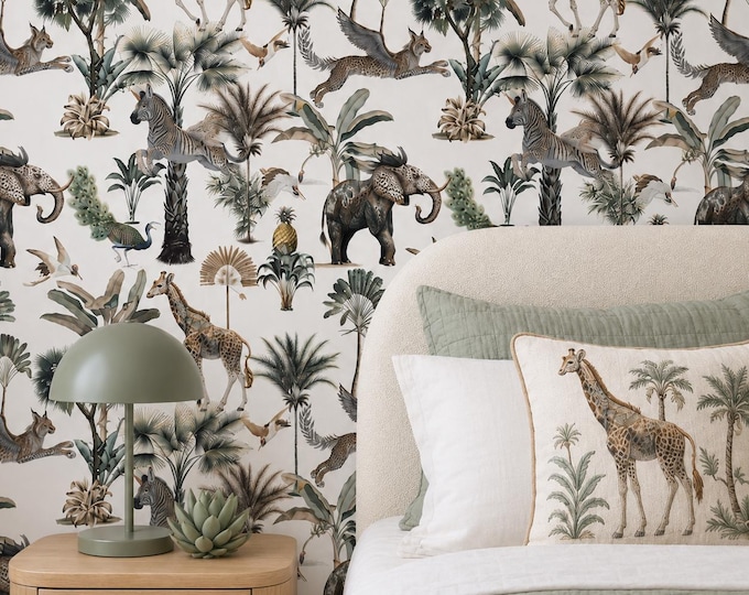 Safari Animal Wallpaper, Vintage Jungle Wallpaper with Giraffe Elephant Zebra Peacock, Tropical Botanical Wildlife Wall Decor