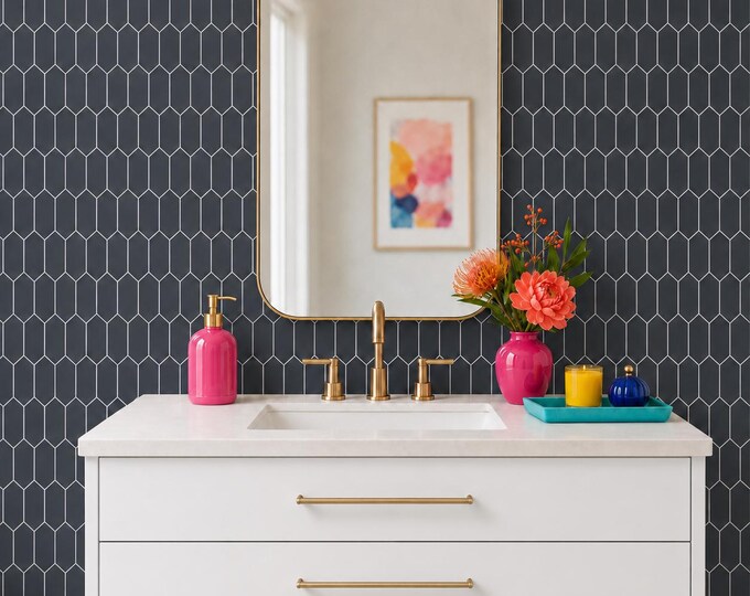 Elongated Hexagon Oxford Blue Minimalist Geometric Wallpaper Modern Hexagon Pattern - Removable Wall Mural