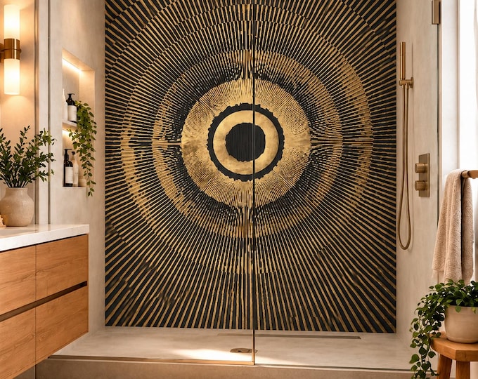 Abstract Gold Circle Shower Panel – Black & Champagne Geometric Bathroom Wall Panel, Luxury Modern Waterproof Shower Wall, Statement Decor