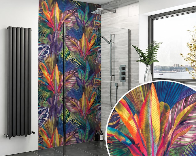 Exotic Palm Leaves Watercolour Shower Panel, Waterproof Bathroom Cladding (48" x 96")