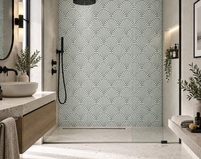 Sage Art Deco Fan Shower Panel, Grout-Free Waterproof Wall Decor