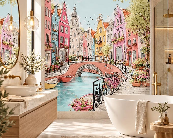 Amsterdam Canal Wallpaper | Colourful European Street Wall Mural | Whimsical Dutch Houses Wallpaper | Travel Feature Wall