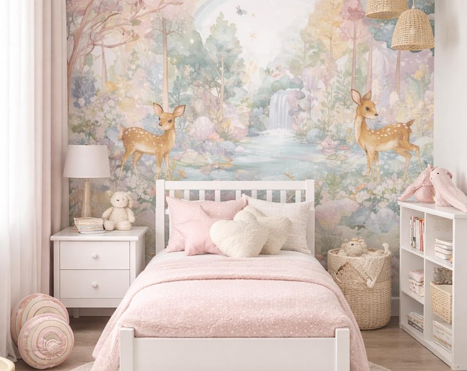 Rainbow Deer Forest Wall Mural – Whimsical Nursery Wallpaper
