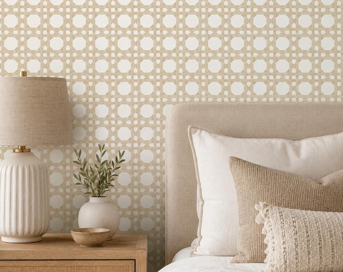 Cane Webbing Wallpaper, Beige Rattan Pattern, Woven Lattice Wallpaper, Neutral Boho Wall Decor, Natural Geometric Wallpaper