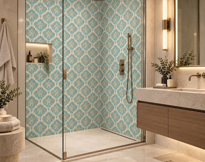Turquoise Moroccan Tile Shower Panel, Grout-Free Waterproof Bathroom Wall Decor