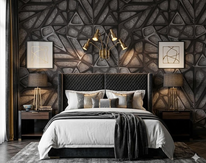 Modern Futuristic 3D Geometric Mural Wallpaper – Dark Voronoi Luxury Wall Covering