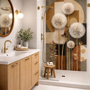 May include: A modern bathroom with a light wood vanity, a white countertop, and a round mirror. The shower features a dandelion mural in shades of brown and beige. The fixtures are gold-toned, and the floor is tiled.