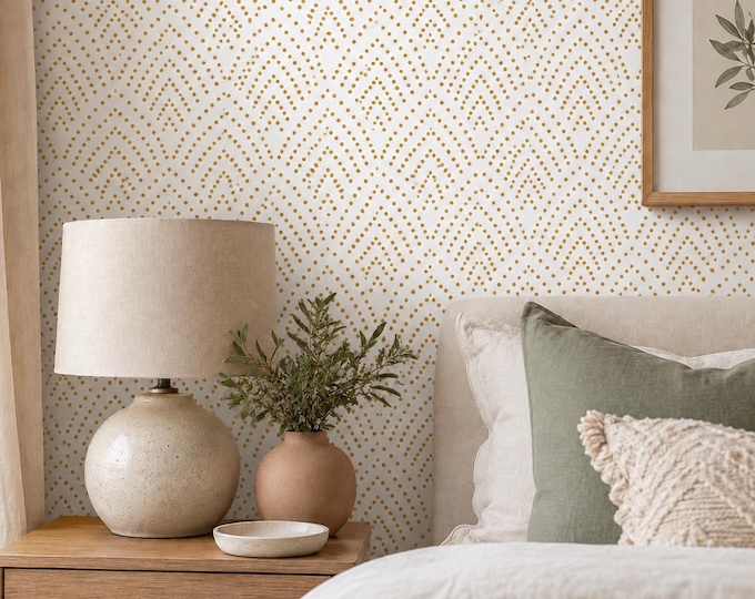 Gold Art Deco Wallpaper, Geometric Dot Pattern Wallpaper, Cream and Gold Gatsby Wall Decor, 1920s Inspired Feature Wall