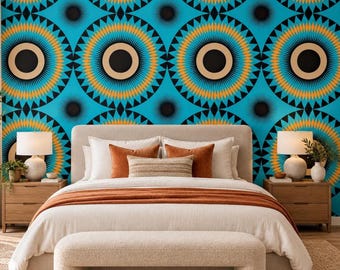 Turquoise Orange Geometric Wallpaper | African Inspired Pattern Mural | Bold Tribal Circle Wallpaper