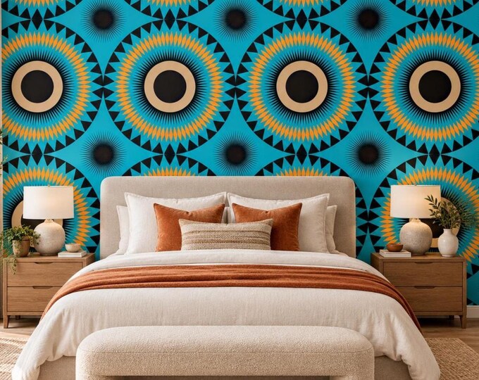 Turquoise Orange Geometric Wallpaper | African Inspired Pattern Mural | Bold Tribal Circle Wallpaper