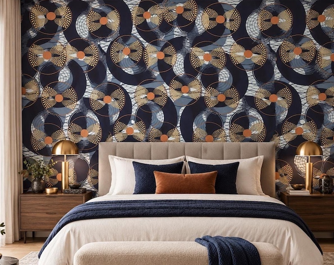 Retro Vinyl Record Wallpaper | Black Gold Music Wall Mural | Abstract Record Pattern Wallpaper