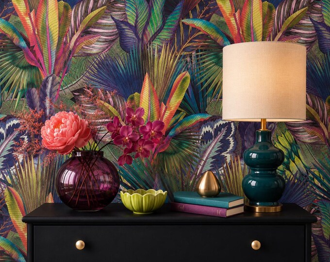 Exotic Palm Leaves Wallpaper, Tropical Watercolor Wall Mural, Colorful Botanical Wall Decor