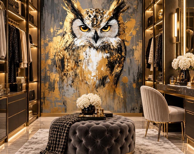 Golden Owl Wallpaper | Abstract Wildlife Wall Mural | Grey & Gold Bird Wallpaper