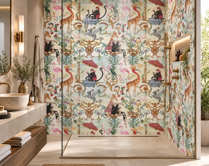 Magic Garden Shower Panel, Whimsical Animal Waterproof Wall Panel, Chinoiserie Jungle Bathroom Decor